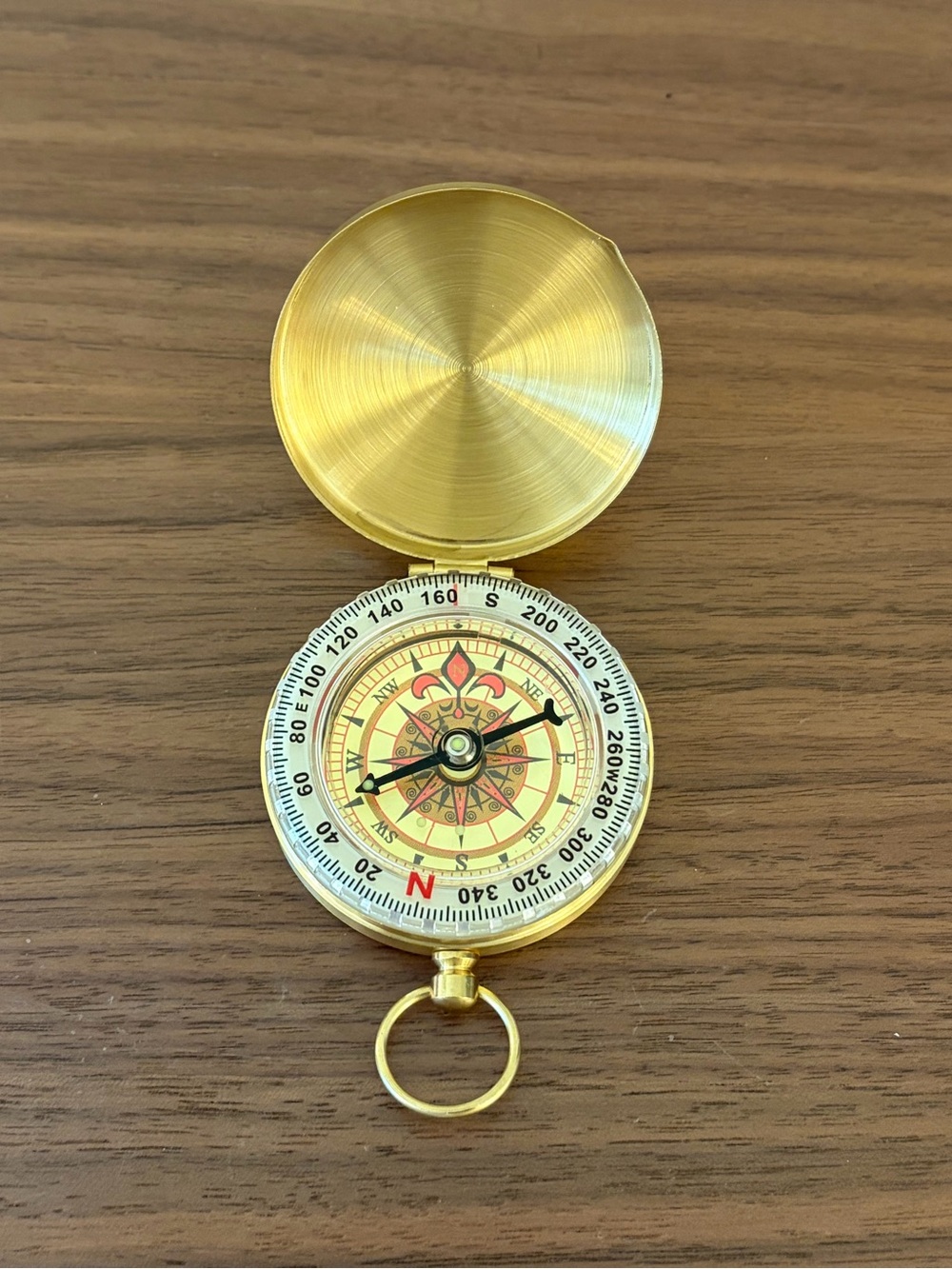 Gold-Tone Brass Pocket Compass with Hinged Lid and Original Box